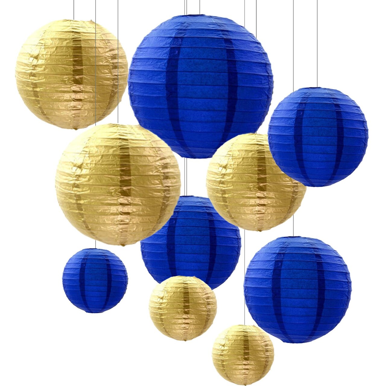 10Pcs Paper Lanterns,Blue Gold Round Hanging Tissue Paper Lanterns Decorations for Kids Birthday,Graduation,Ramadan,Eid Party Garden Home Decor